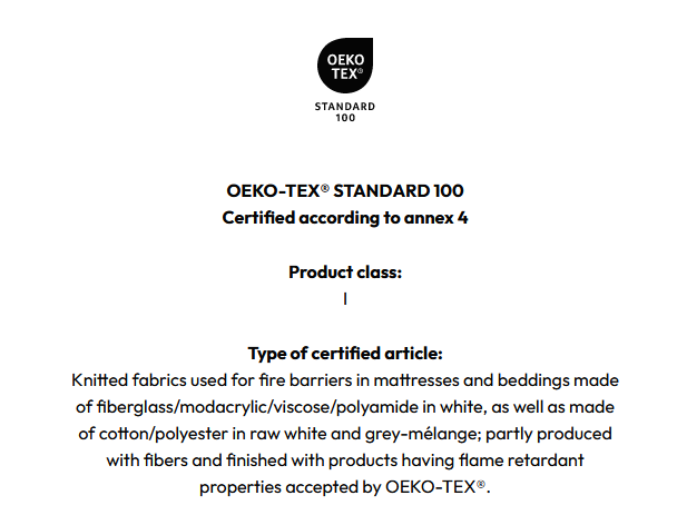 FiberglassFree's tweet photo. Just curious.. Would you trust fiberglass-free claims from a mattress company that provides this Oeko-Tex Standard 100 certification for its flame barriers? #fiberglassfree #fiberglassmattress #fiberglass #fiberglassfreemattress #fiberglasscontamination #oekotex https://t.co/5LVLRcZG7i