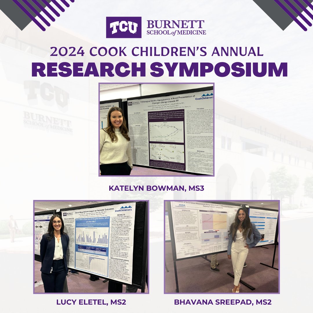 The Anne Burnett Marion School of Medicine at TCU (@tcuburnettmed) on Twitter photo Congratulations to Katelyn Bowman, MS3, Lucy Eletel, MS2 and Bhavana Sreepad, MS2, who presented their research at the 2024 <a href="/CookChildrens/">Cook Children's</a> Annual Research Symposium on February 29 and March 1. #TCU #Students #MedSchool #MedStudents #CookChildrens #FortWorth Congratulations to Katelyn Bowman, MS3, Lucy Eletel, MS2 and Bhavana Sreepad, MS2, who presented their research at the 2024 <a href="/CookChildrens/">Cook Children's</a> Annual Research Symposium on February 29 and March 1. #TCU #Students #MedSchool #MedStudents #CookChildrens #FortWorth