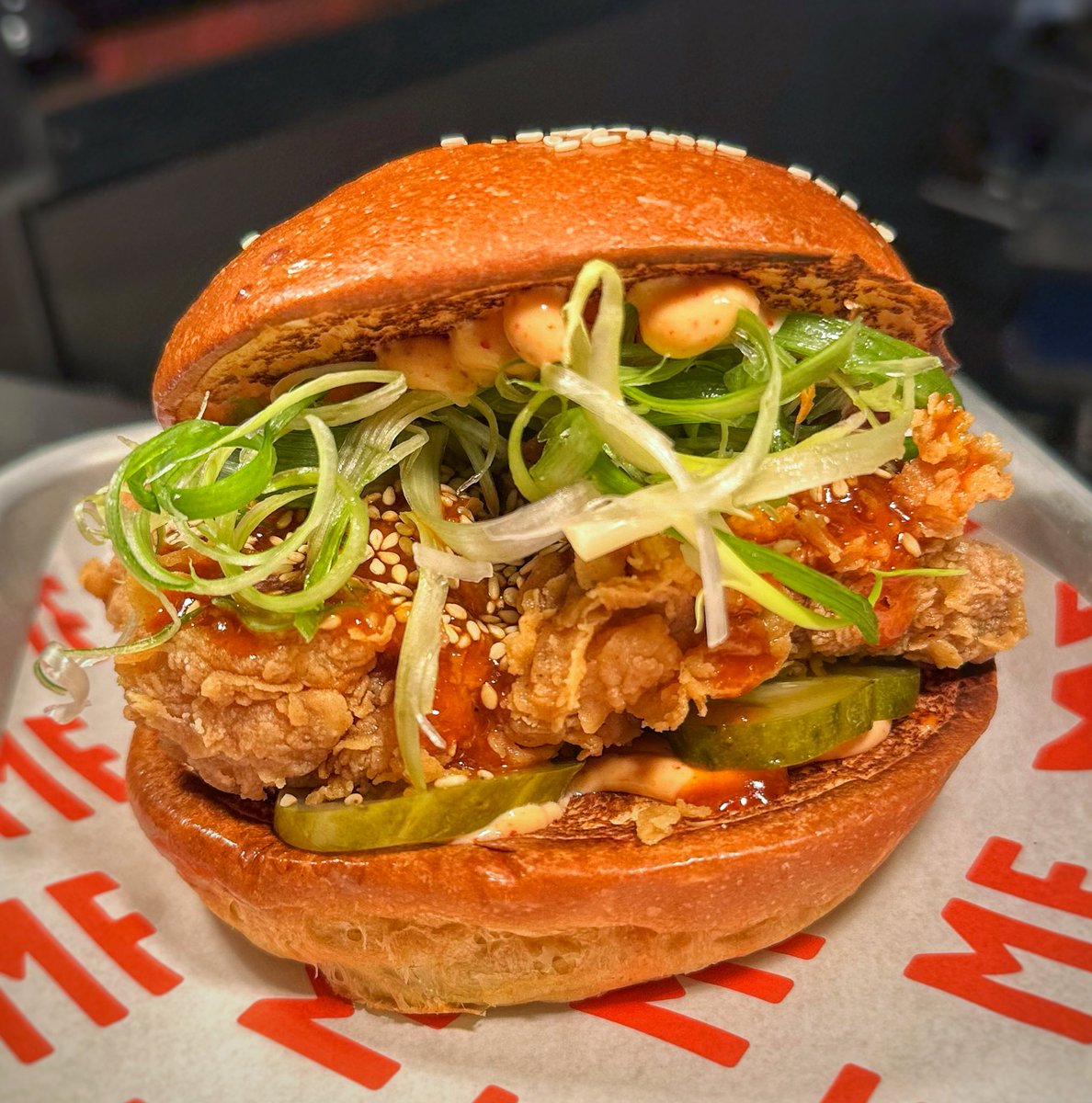 Brand new menu item! ‘The Korean Flippin’ Chicken’ - featuring our crispy fried chicken thigh, delicious gochujang glaze, spicy mayo, sesame, pickles &amp; shredded spring onions. Optional to add Cheese &amp; Candy Bacon. Only available on <a href="/Deliveroo/">Deliveroo</a> this week!