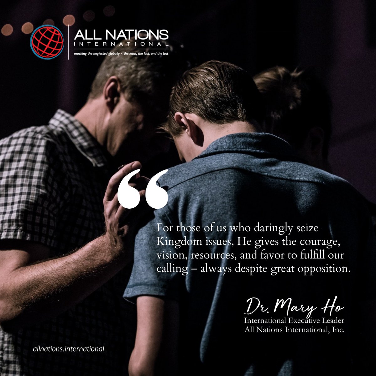 'Count  it all joy, my brothers, when you meet trials of various kinds, for you  know that the testing of your faith produces steadfastness.' (James 1:2-3)

Newsletter: tinyurl.com/mrwadcpx

#AllNations #DrMaryHo #reachingtheneglected #soallwillworshipjesus #christianquote