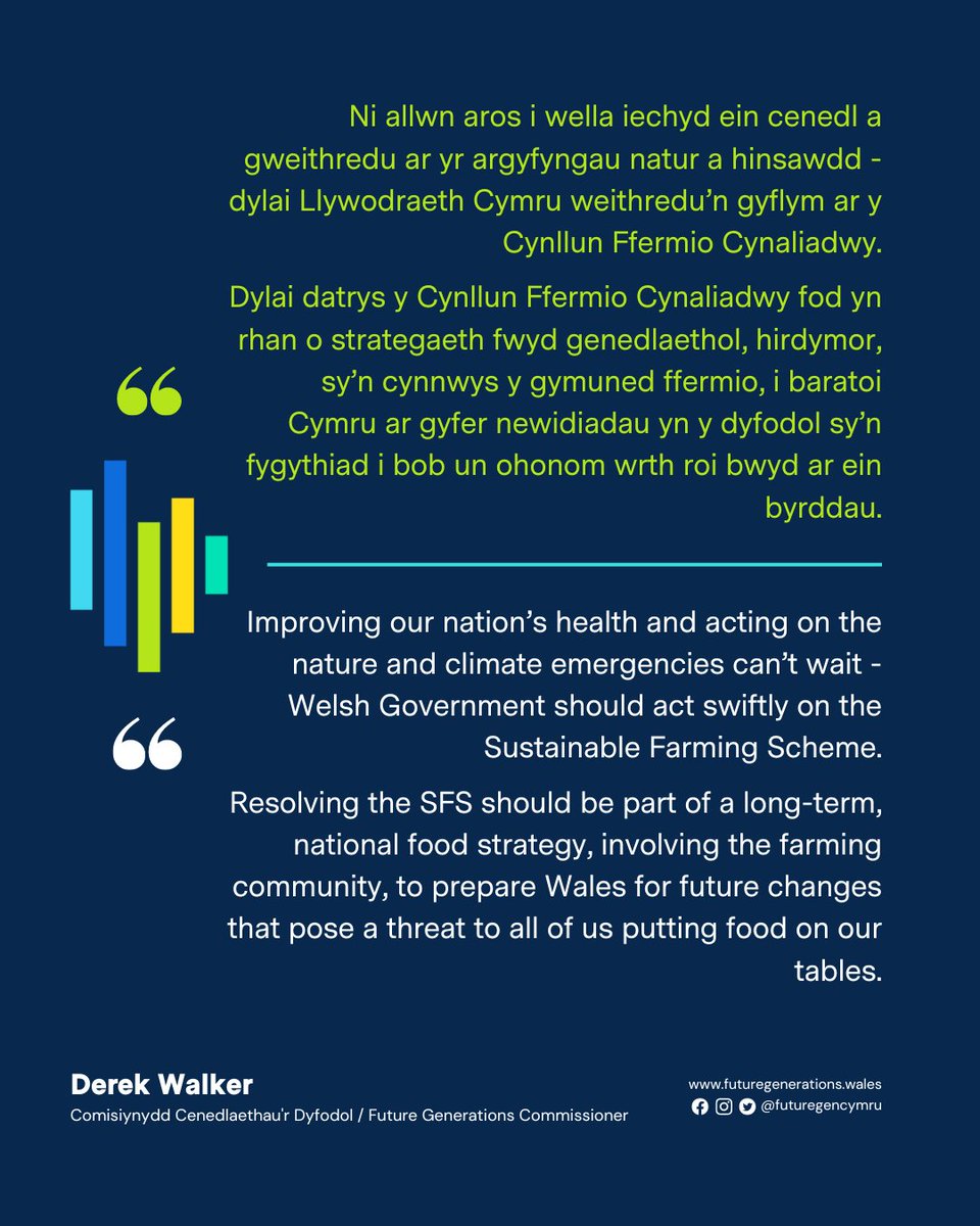 Future Generations Commissioner for Wales’ @derekwalker_ statement on the Sustainable Farming Scheme - Improving our nation’s health and acting on the climate and nature emergencies cannot wait Link to the full statement: futuregenerations.wales/news/headline-…