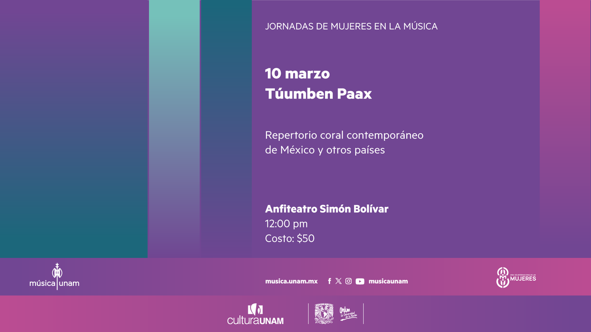 En el marco de las Jornadas de mujeres en la música, el sexteto vocal femenino mexicano Túumben Paax (<a href="/tuumbenpaax/">Túumben Paax</a>) presenta obras de compositoras y compositores contemporáneos de México, Eslovenia y Letonia.

Domingo 10 marzo | Anfiteatro Simón Bolívar | 12:00 pm
Más