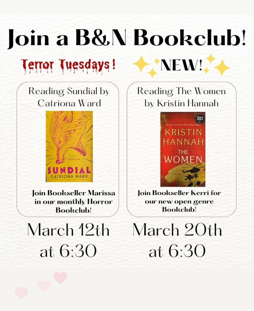 Looking to share your bookish opinions? Come to our book clubs! Join bookseller Marissa for Terror Tuesday on March 12th and bookseller Kerri on March 20th for our *new* open genre book club! Both start at 6:30pm📚 #bnclarence #newbooks #WeRecommend #booksellerlife #bookclub