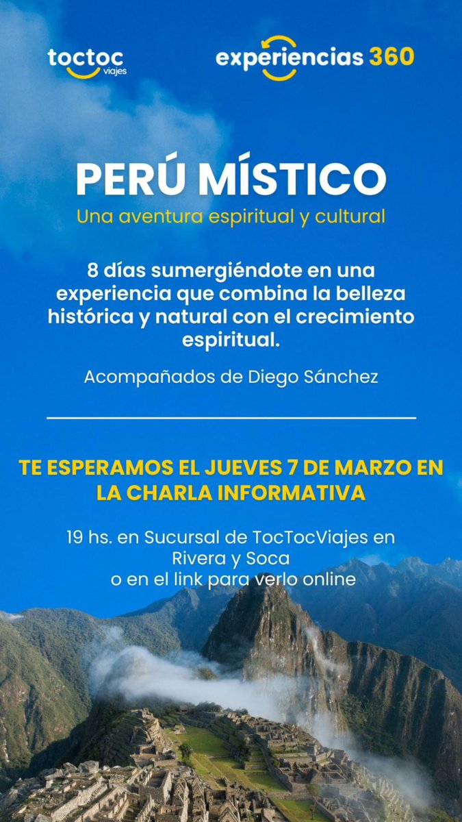 Este jueves 7/3 a las 19h daré una charla informativa sobre el próximo viaje de Meditación en Machu Picchu y el Valle Sagrado en <a href="/TocTocViajes/">TocTocViajes</a> en la esquina de Soca y Rivera en Montevideo.  Nos vemos! Anótate aquí 
tinyurl.com/CHARLASINFORMA…