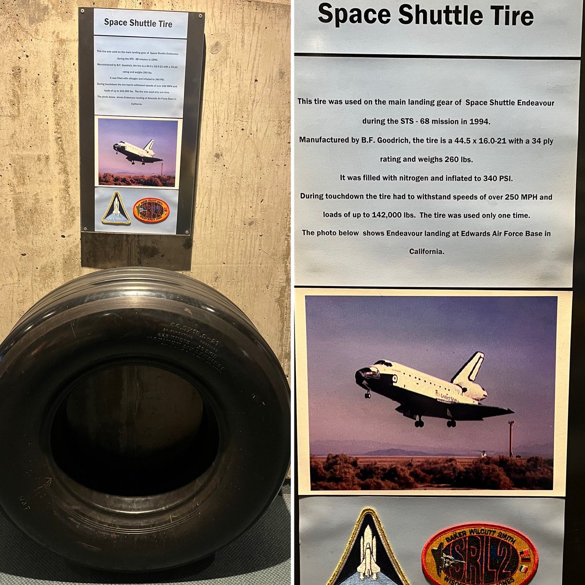 NowHeresYou's tweet photo. Touched a Space Shuttle tire that actually flew and landed in 1994. That was really cool. #spaceshuttle #spaceshuttleprogram #spaceshuttleendeavour #armstrongairandspacemuseum https://t.co/VdrMInDCBA