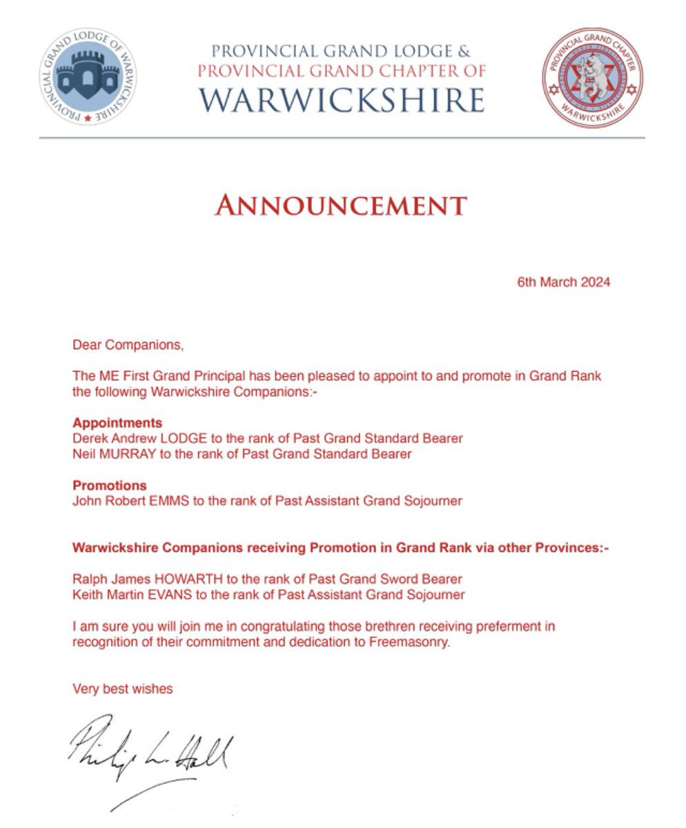 📣 Brethren, the RW ProvGM Philip L Hall is pleased to announce that The MW The Grand Master &amp; The ME The First Grand Principal, HRH The Duke of Kent, has honoured numerous Warwickshire Brethren with Grand Rank appointments &amp; promotions! Congratulations, Brethren 😃👏👏👏