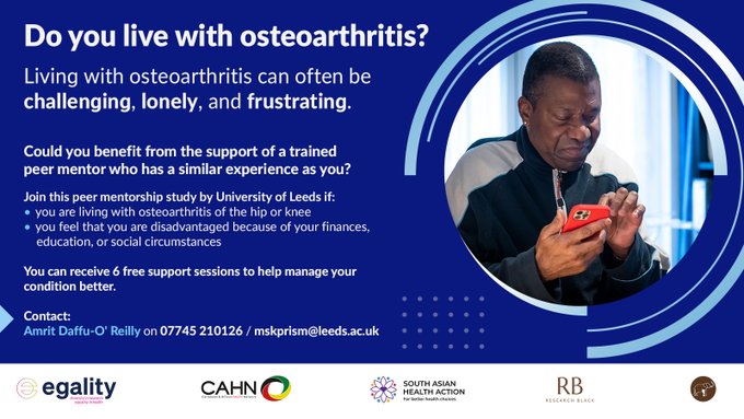 Seeking support for living with osteoarthritis? Join this peer mentorship study from @UniversityLeeds! Connect with trained mentors with similar experiences. Benefit from 6 free sessions to ease the challenges. See the poster below for more details @EgalityHealth @UniLeedsPRISM