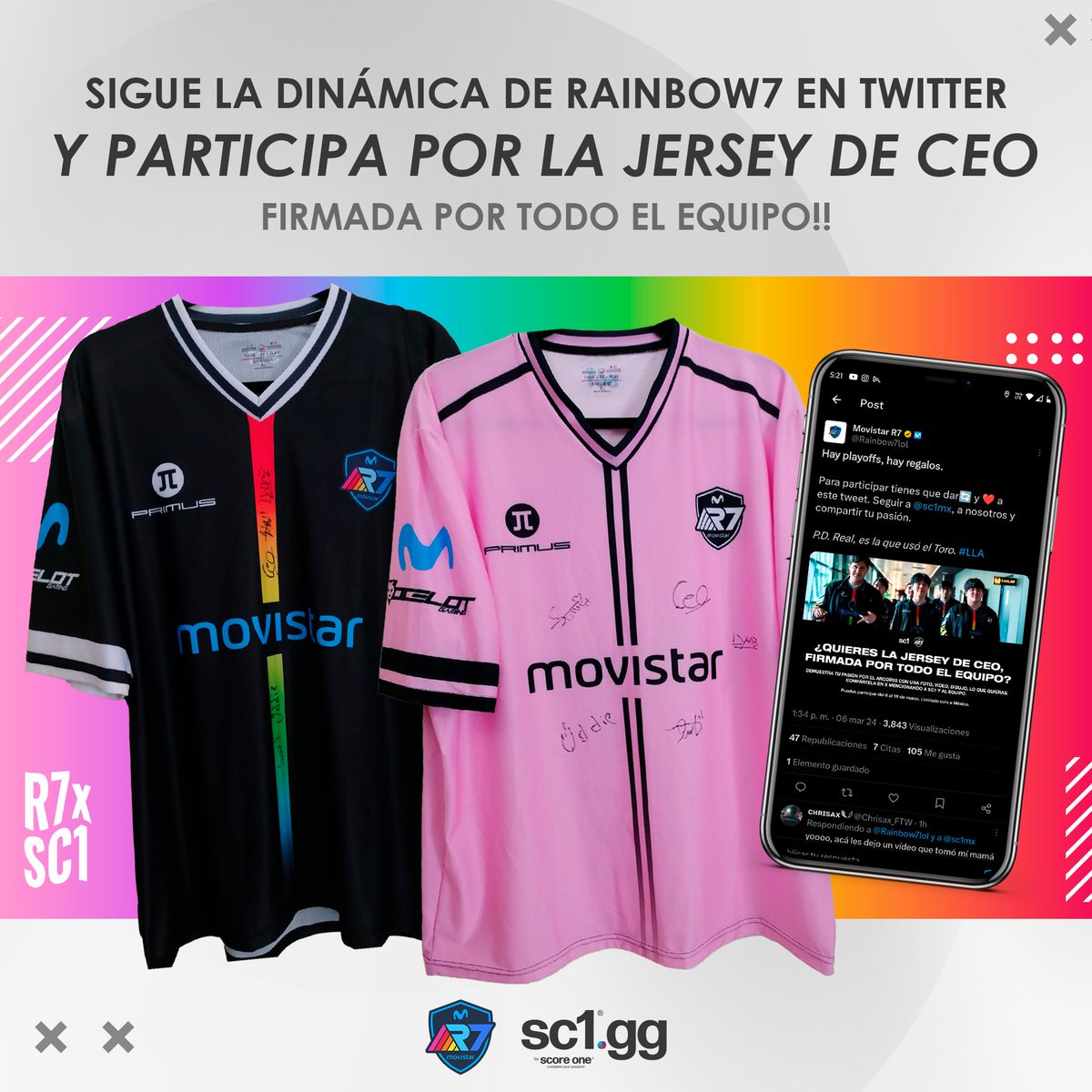 Sigue la dinámica de <a href="/Rainbow7lol/">RAINBOW7 EQUIPO NO TAN CHICO</a> para ganarte una jersey autografiada y usada por CEO!
Las instrucciones están acá 👇
x.com/Rainbow7lol/st…
.
#ThinkDifferent 🧠 #BeDifferent 🏆 #PlayDifferent 🎮 #SC1 👕 #rainbow7 #giveaway