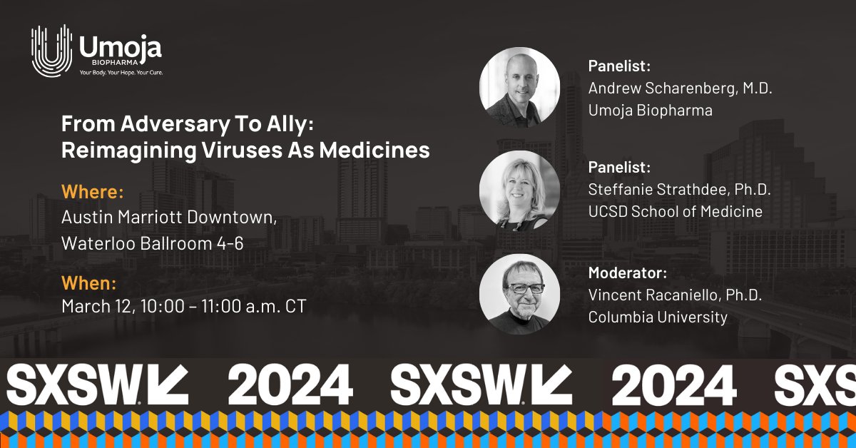 Umoja Biopharma (@umojabiopharma) on Twitter photo In a few days our CEO <a href="/andyscharenberg/">Andrew Scharenberg</a> hits Austin, TX for #SXSW! He is joining <a href="/profvrr/">MicrobeTV</a> & <a href="/chngin_the_wrld/">Steffanie Strathdee, PhD 🗡️ 🦠Superbug Slayer🗡️</a> for a panel on March 12th to discuss the potential of viruses as medicines & our #VivoVec platform. Find more details here: schedule.sxsw.com/2024/events/PP… #MedicinesGoViral In a few days our CEO <a href="/andyscharenberg/">Andrew Scharenberg</a> hits Austin, TX for #SXSW! He is joining <a href="/profvrr/">MicrobeTV</a> & <a href="/chngin_the_wrld/">Steffanie Strathdee, PhD 🗡️ 🦠Superbug Slayer🗡️</a> for a panel on March 12th to discuss the potential of viruses as medicines & our #VivoVec platform. Find more details here: schedule.sxsw.com/2024/events/PP… #MedicinesGoViral