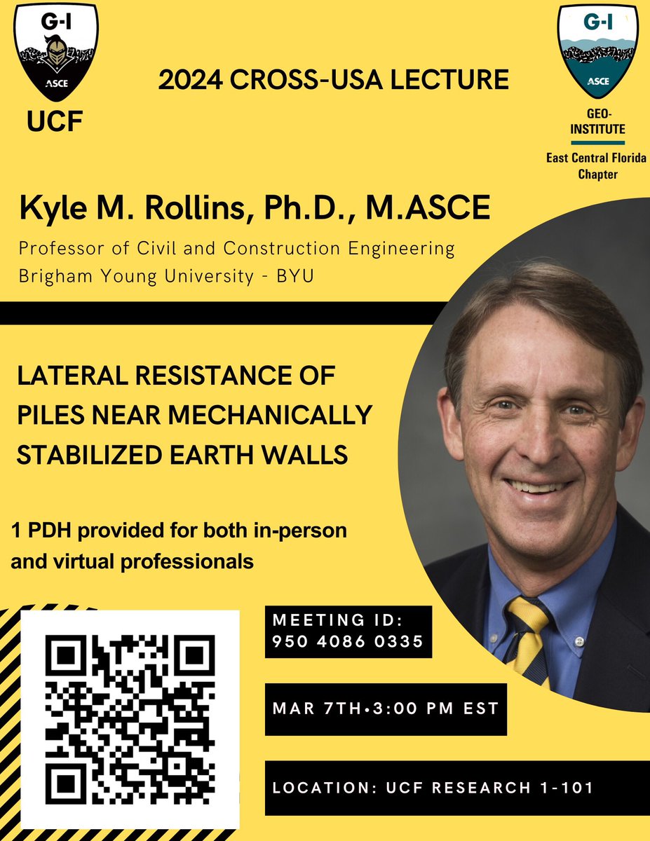 ucf_asce_gi's tweet photo. Don’t forget to join us tomorrow for the 2024 Cross-USA Lecture @UCF . We will be hosting Dr. Kyle Rollins from @BYU in a hybrid seminar at 3 p.m. EST! #GoKnights https://t.co/yvOlcPGlq6