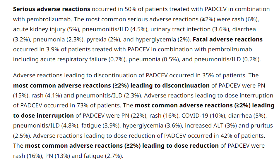 mRNAdeaths's tweet photo. Serious side effects of the new #Pfizer Bladder Cancer treatment #PADCEV plus pembrolizumab.
Serious adverse reactions occurred in 50% of patients treated with PADCEV in combination with pembrolizumab.
Fatal adverse reactions occurred in 3.9% of patients
https://t.co/TqFgL8JIAf https://t.co/nc2uYfmkbB