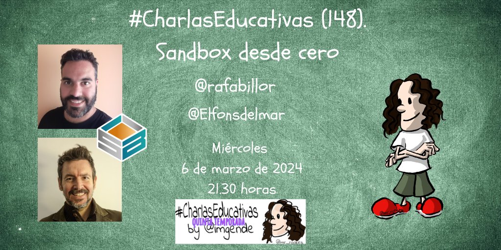 🎙️📹 Ya disponible la charla 🔝 con los fantásticos <a href="/rafabillor/">Rafa Domínguez</a> y @Elfonsdelmar.
📹 youtube.com/watch?v=t4pg5e…
🎙️ charlaseducativas.com/index.php/el-p…
¡Descubre todo lo que incluye el proyectazo de <a href="/sandboxeduca/">Sandbox Educación</a>! 🤯
Muchas gracias por acompañarnos en el directo de vuestras #CharlasEducativas! 🥰