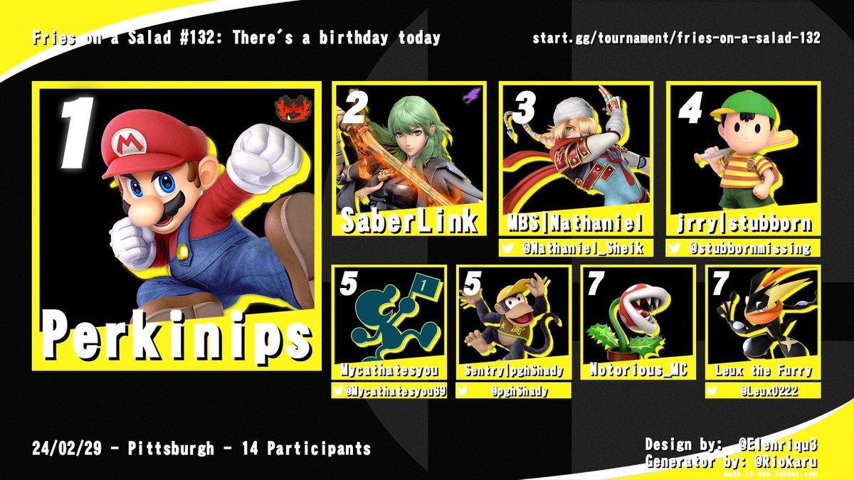 Top 8 of Fries on a Salad #132! Also, the birthday mentioned is our venue owner's birthday, we gave her a card.

<a href="/Perkinips12/">Donnell Perkins</a> 
<a href="/SaberLink0/">Excalibur</a> 
<a href="/Nathaniel_Sheik/">Nathaniel @ Kagaribi</a> 
<a href="/stubbornmissing/">sentry | stubborn♥️</a> 
<a href="/Mycathatesyou69/">Mycathatesyou</a> 
<a href="/pghShady/">shay</a> 
<a href="/Bowlsludge/">Notorious_M.C</a> 
@Leux0222