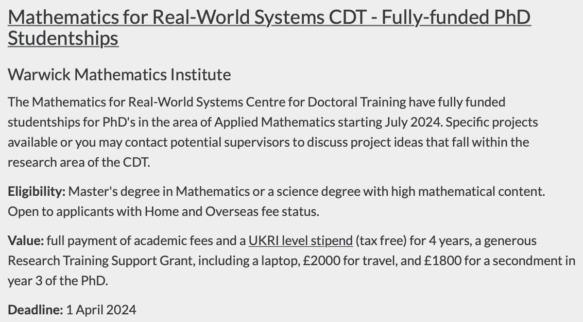 🎓 Interested in a #PhD involving mathematical modelling, analysing data sets & using interdisciplinary approaches? ✍️ Applications open for 4-year funded PhD studentships starting July 2024 @WarwickComplex! 🗓️ Deadline: 01 Apr 2024 Projects & apply🔗: warwick.ac.uk/fac/sci/mathsy…