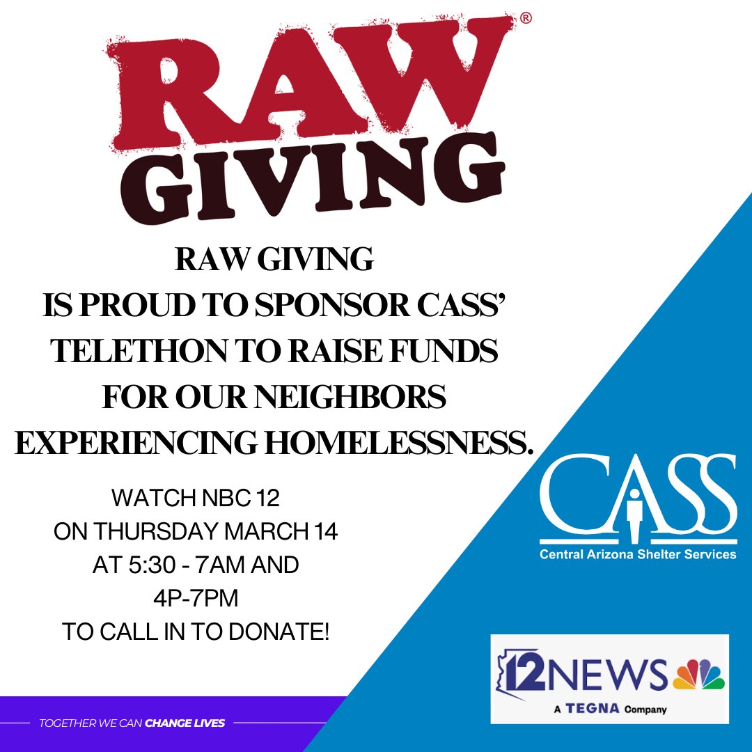 Thank you to Raw Giving for being our matching sponsor for our NBC telethon on March 14. Tune in to channel 12 all day on the 14 to have your donation matched thanks to the generosity of Raw Giving. You can have your donation matched today by donating at cassaz.org/shelter