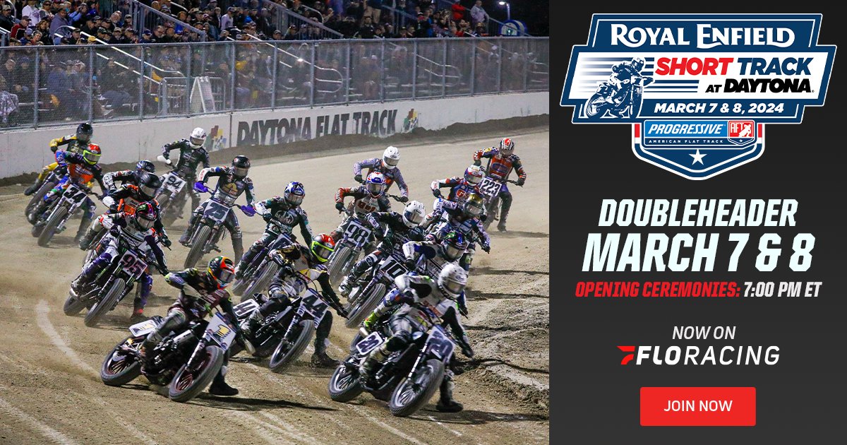 AmericanFlatTrk's tweet photo. BACK TO BACK RACING 🔁
Tune into the @royalenfield Short Track at @DAYTONA on @FloRacing for LIVE coverage of the season premiere Thursday & Friday!
Subscribe by hitting the link! 🔗 https://t.co/93CaqBMxAZ
#ProgressiveAFT #Daytona #BikeWeek #FlatTrack https://t.co/oG29Tm0fba