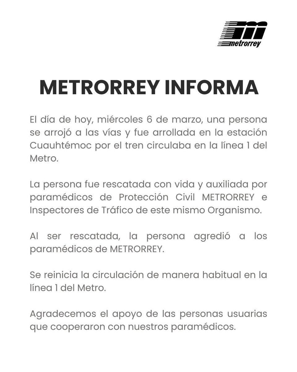 Brislulis's tweet photo. #loultimo #monterrey Persona se lanza a vías del tren es arrollada, y rescatada con vida. @AsiEsMonterrey https://t.co/G1UhOmFV9b