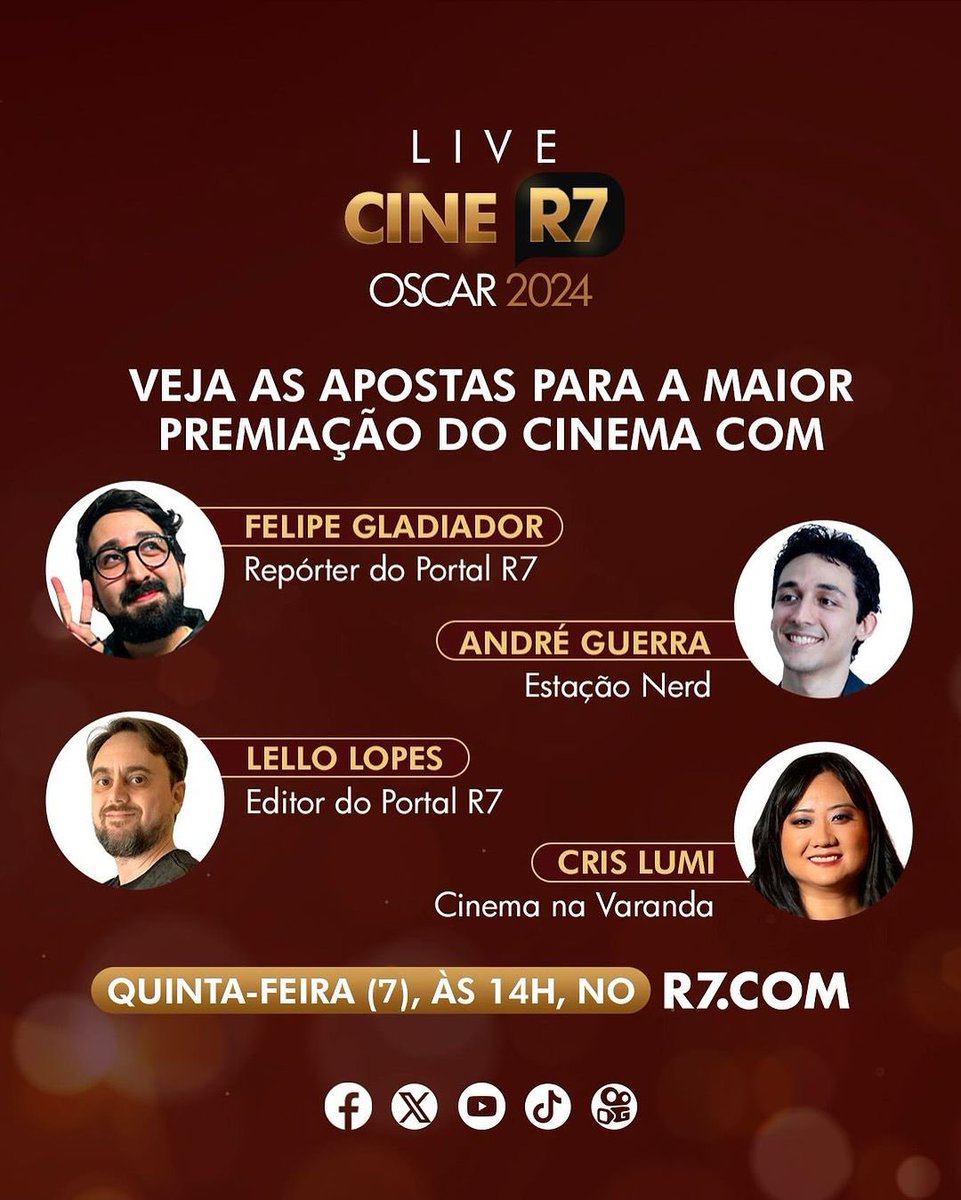 FelipeGladiador's tweet photo. Third time is a charm ✨
Vou apresentar a live do Oscar no R7 pelo terceiro ano, com esses musos do cinema participando. Só alegria, gratidão e ansiedade obviamente kkkkkk Quem vem? Amanhã 14h é o nosso esquenta para o Oscar 2024! @aguerraal @crislumi @lellolopes 💙 https://t.co/AH0TEvB3Sl
