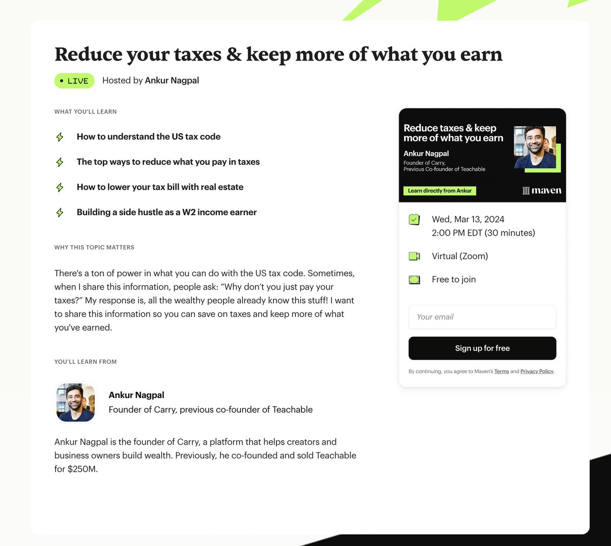 I'm running a free Lightning Lesson with @MavenHQ next week on: How to reduce your taxes & keep more of what you earn A quick 30-minute talk on 7 simple steps every single person can take to reduce how much they pay in taxes Sign up here: bit.ly/3wBy0f2 Will be fun!