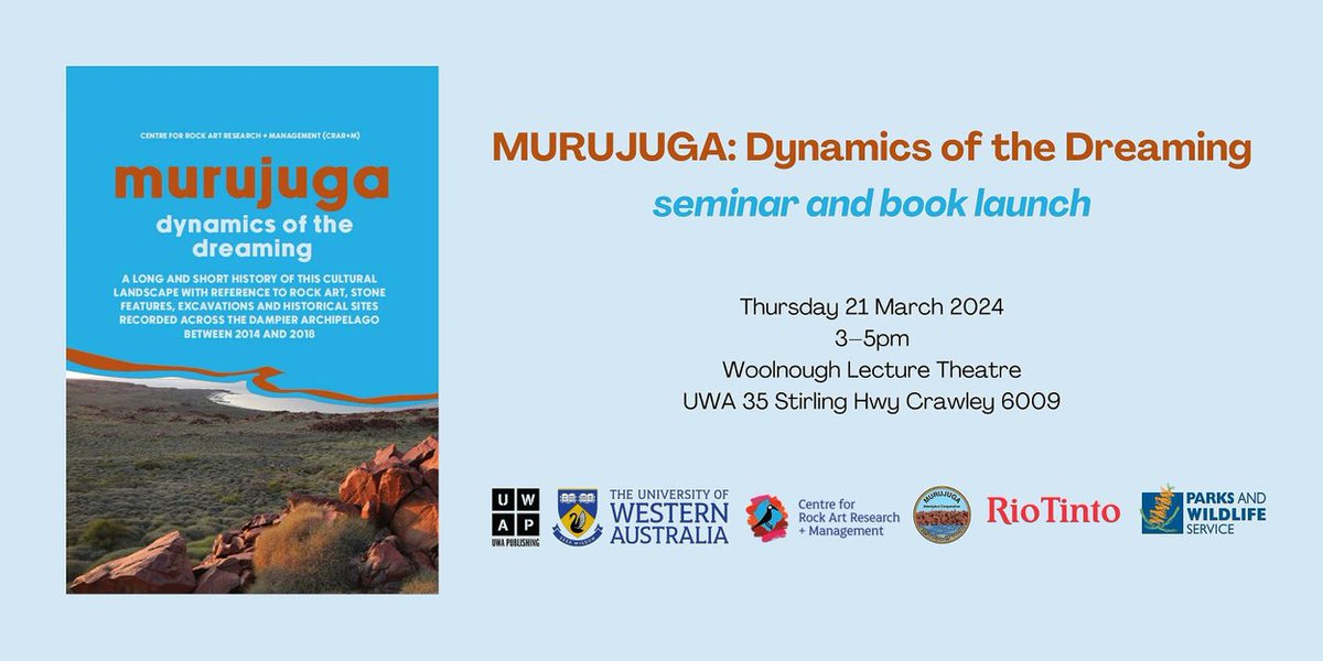 Murujuga: Dynamics of the Dreaming Thurs 21 Mar, 3-5pm, Woolnough Lecture Theatre 👉 tinyurl.com/bdhxhf2r Join us in celebrating the Murujuga project at the official UWA seminar and book launch on 21 March 2024. @crar_m #uwaresearchimpactseries