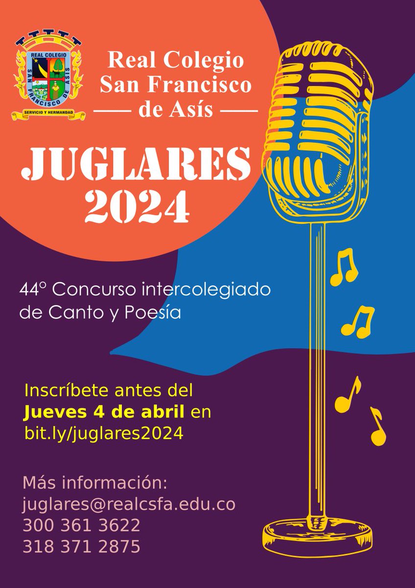 🌟🎤 📚 ¡Regresa Juglares! el 44º Concurso Intercolegiado de Canto y Poesía para estudiantes de 4 a 18 años. 🎶📖 Descubre el arte que hay en ti y comparte tu talento. 🚀 Inscríbete antes del 4 de abril. 🌈🏆 #Juglares2024 #RCSFA 📆🎉 bit.ly/juglares2024