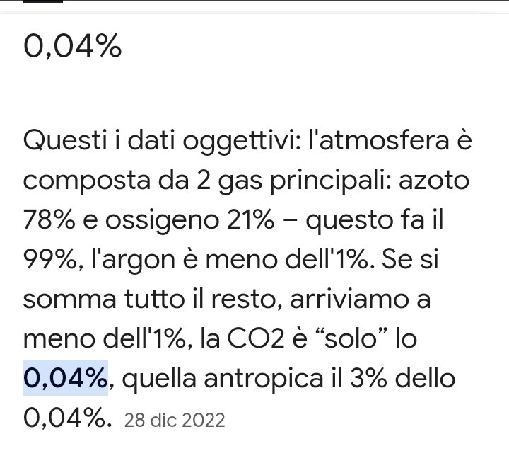 ❓Sapete a quanto ammonta la percentuale di CO2 nell'atmosfera terrestre?
❗Allo 0,04% ! 
❗E quella antropica, cioè causata dall'uomo, corrisponde al 3% dello 0,04% cioè allo 0,0012%

❓Pertanto di che aumento stiamo parlando?

#clima #Italia #UltimaGenerazione