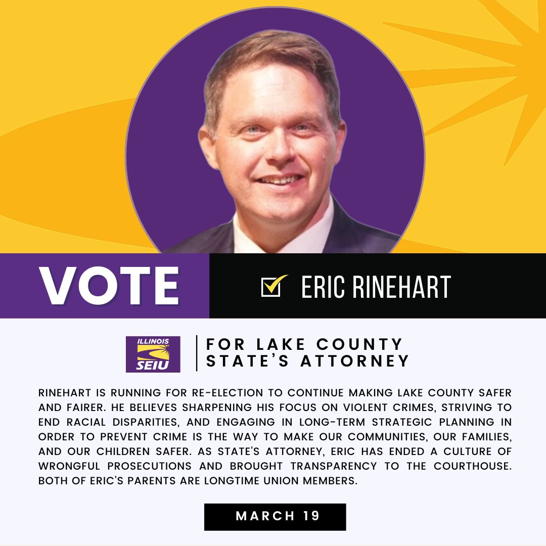 Rinehart works towards bringing transparency to the courthouse and ending a culture of wrongful prosecutions.

Vote Eric Rinehart for Lake county State's Attorney on March 19th!
