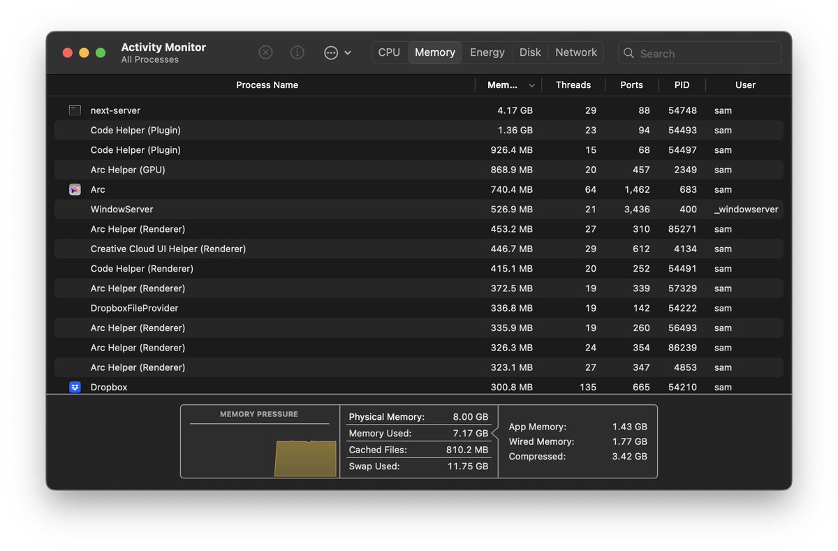 This cannot be normal. <a href="/nextjs/">Next.js</a> 14.1.0 with pages router. It just chugs my laptop and I have to restart it every 20 mins. So close to moving off next completely. It's almost impossible to do any meaningful frontend work.