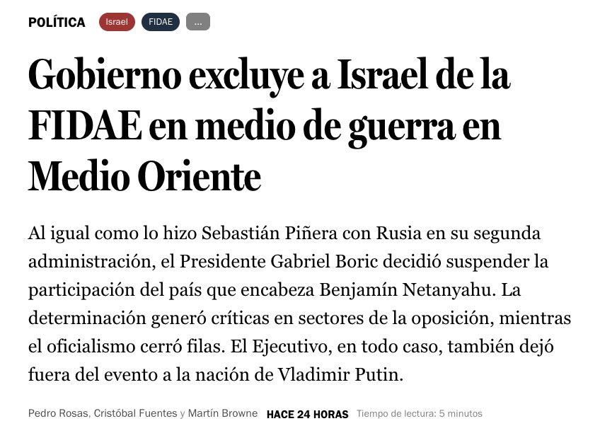 dmimica's tweet image. Da gusto que haya consistencia en la política de Estado de Chile entre dos gobiernos de signos diferentes, al excluir de Fidae a naciones embarcadas en invasiones militares a sus vecinos, incluso cuando son importantes actores en la industria de la defensa.