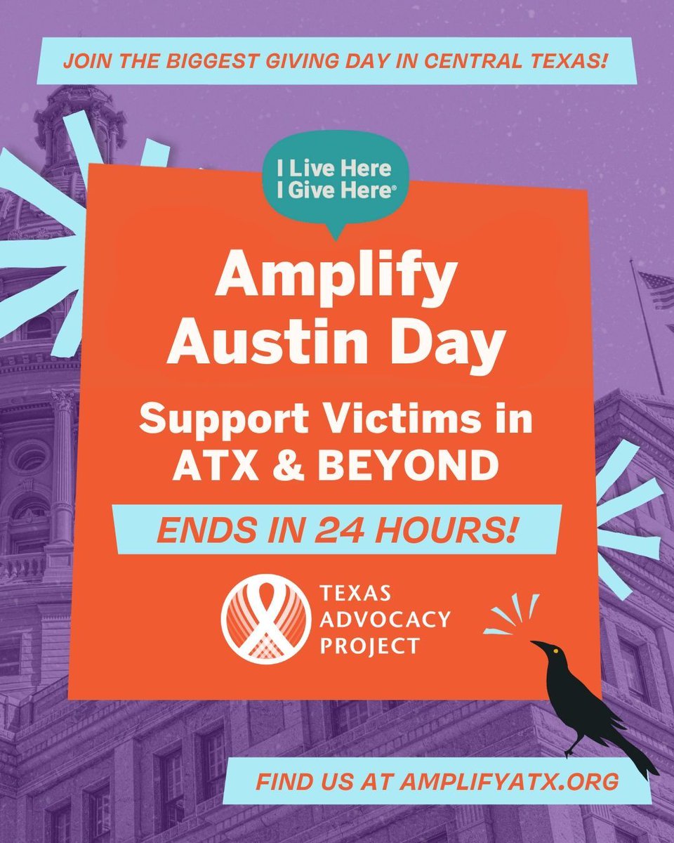 txadvproject's tweet photo. #AmplifyAustinDay starts NOW! ✨ Join the biggest giving day in Central Texas by making a gift to TAP, now through tomorrow at 6pm! https://t.co/0U4zUSyjCl

Not only are you contributing to vital services, you’re also helping to empower &amp; uplift victims in need across TX! 💜 https://t.co/aue8VcM0QL