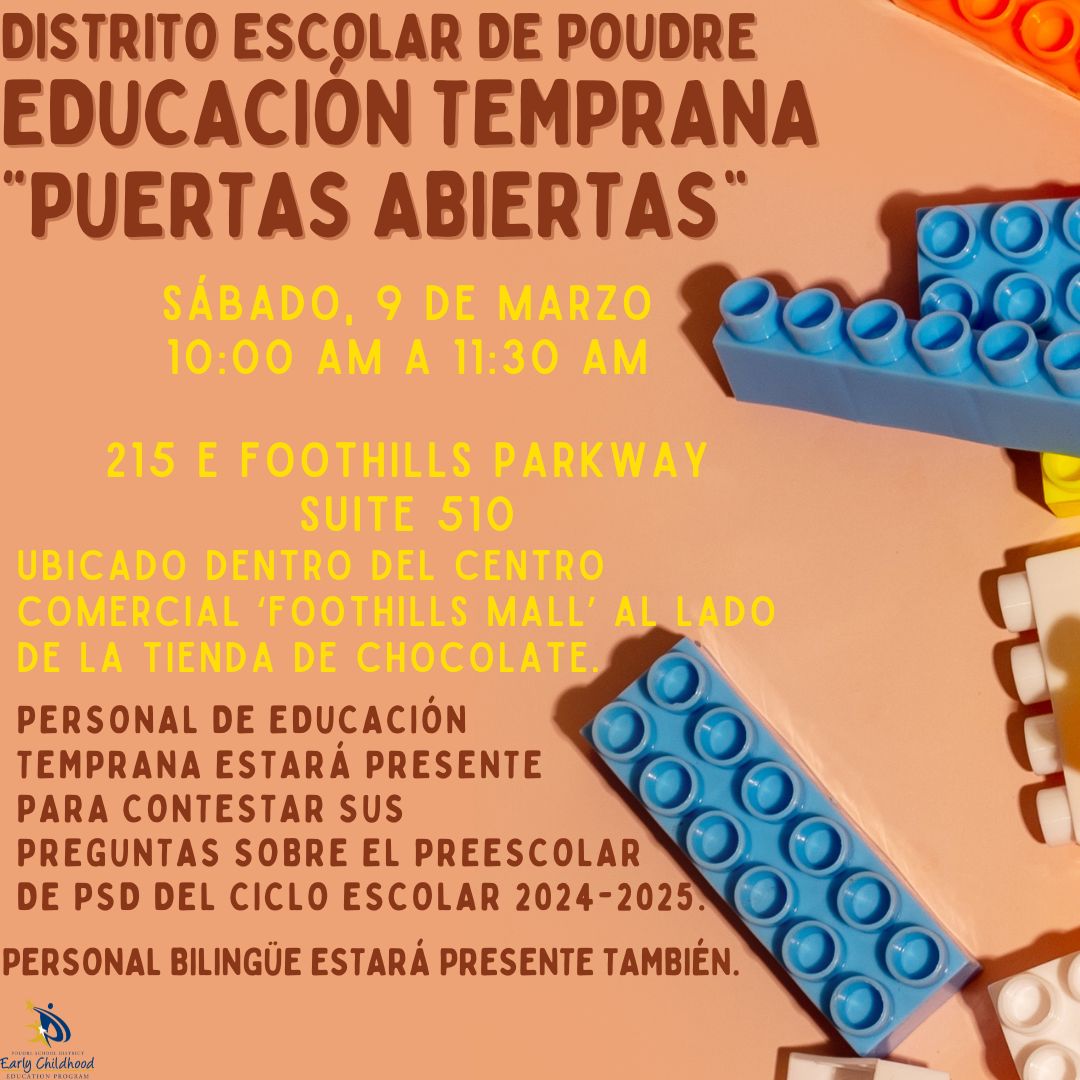 The PSD Early Childhood open house is this weekend! Get your questions about PSD pre-K &amp; the Universal Pre-K application answered.

📅 Saturday, March 9, 2024

⌚ 10 a.m.–11:30 a.m.

📍 Future Ready Center, Suite 510 in the Foothills Mall, 215 E Foothills Parkway, Fort Collins
