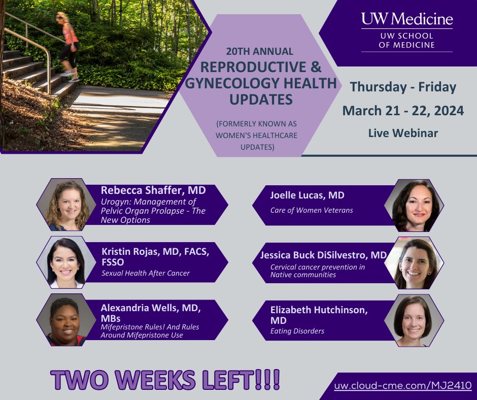 TWO WEEKS LEFT! Join us for the 20th Annual Reproductive & Gynecology Health Updates being held via Zoom Webinar. Go to uw.cloud-cme.com/MJ2410 for course information and to register. #womenshealth #primarycare #cme @UWashOBGYN @UWMedicine @uwfm @UW_DGIM @AlsonBurke