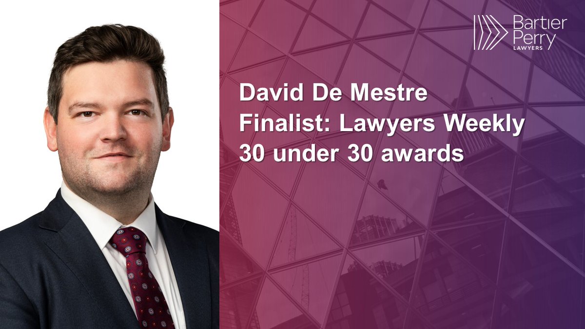 Good luck to all finalists for tonight's Lawyers Weekly 30 under 30 awards. We're so excited for our Senior Associate, David de Mestre, who is a finalist in three categories - media & telecommunications, dispute resolution & litigation, and insolvency!