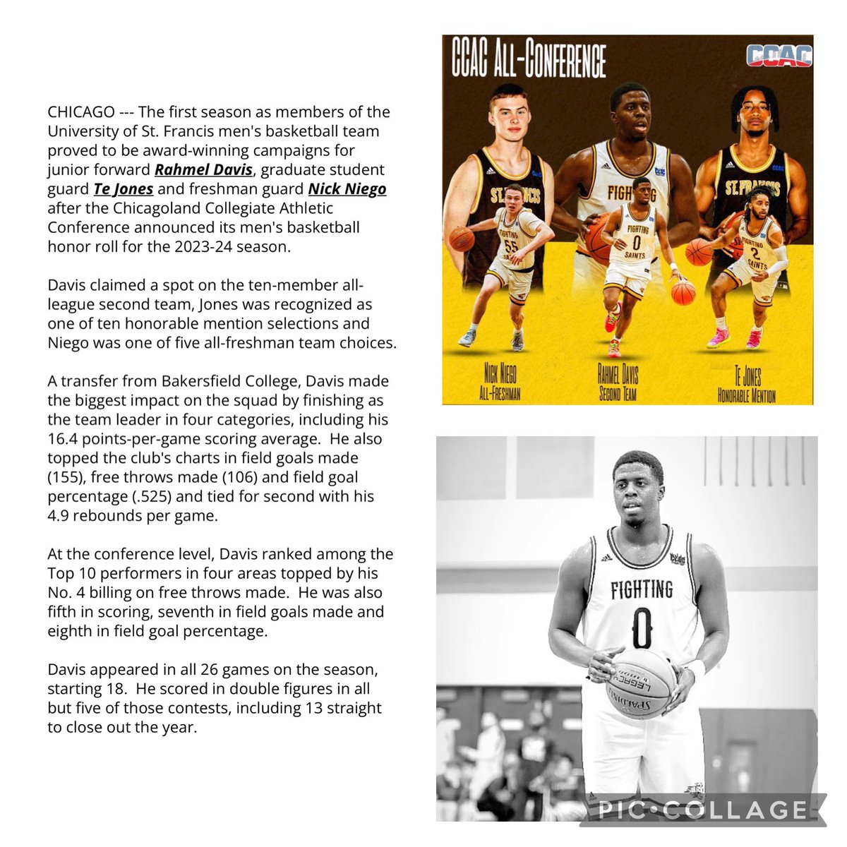 Congratulations to former Mustang Rahmel Davis of The University of St. Francis on being selected to the CCAC All-Conference Second Team! 🐎🏀

gofightingsaints.com/news/2024/3/6/…