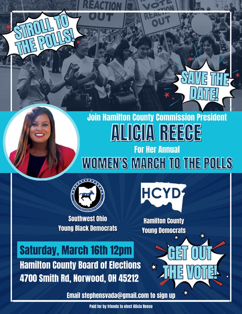 vadastephensii's tweet photo. Join the Southwest Ohio Young Black Democrats in partnership with Commission President @aliciareece and the @HamCoYoungDems for a special Women’s March to the Polls on Saturday March 16th at 12pm. The work continues! Let’s get this vote out. 🗳️#votingisessential #VoteBlue https://t.co/zgXm3gxSIU