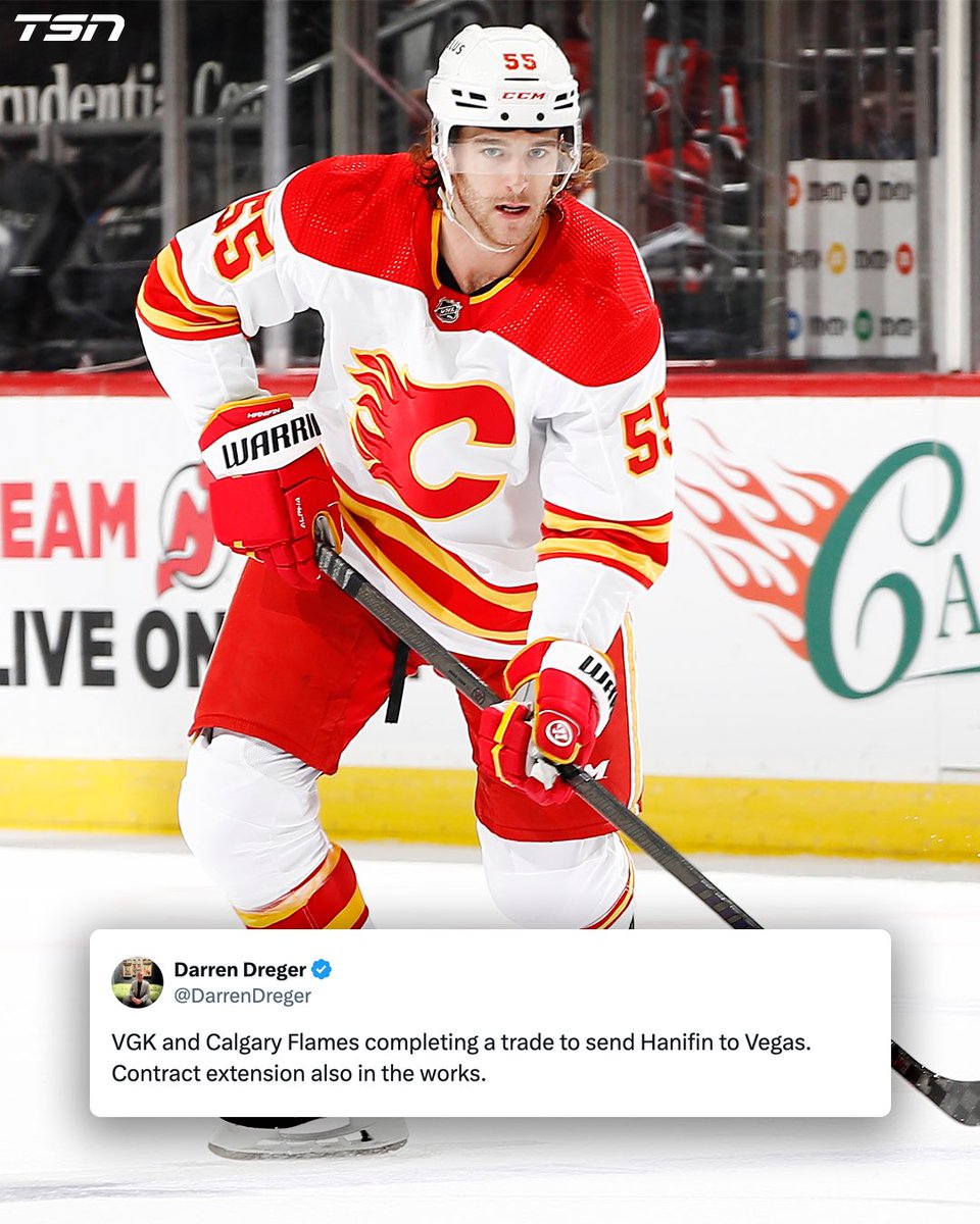 TSN_Sports's tweet photo. Noah Hanifin is being traded to the Vegas Golden Knights, per @DarrenDreger.

Thoughts on the move? https://t.co/zNVMcL6fm5