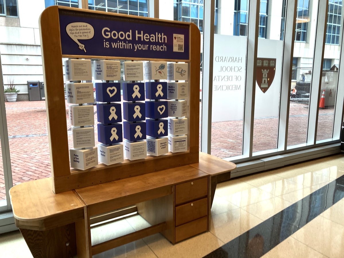 Today, the #GoodHealthKiosk made its way over to the Research & Education Building @dental_harvard, where it will stay for the next month. @andrewtheartist built the kiosk from decommissioned @Harvard dorm desks to help us convey tips for reducing one's risk of #Cancer.