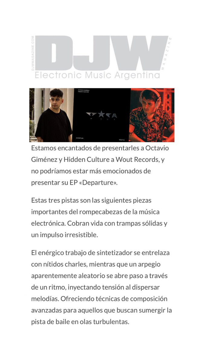 Departure EP está cerca 😈 Gracias @voixpr y @DJWmagazine por la nota y la premiere🔥 #OctavioGimenez #MelodicTechno