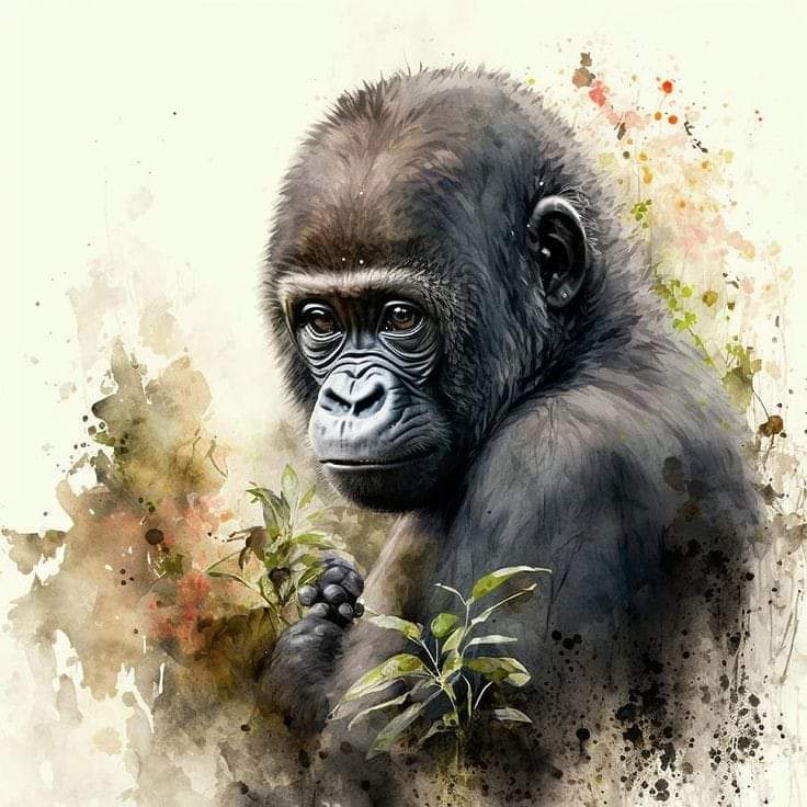 The more you learn about the dignity of the gorilla, the more you want to avoid people.🦍
Have a nice day everybody🥰
Water color & Acrylics painting on canvas 
#lovestory 
#africaisthefuture #artwork #gorilla #smile  #LoveChallenge #endangeredspecies #childrenbook #Uganda