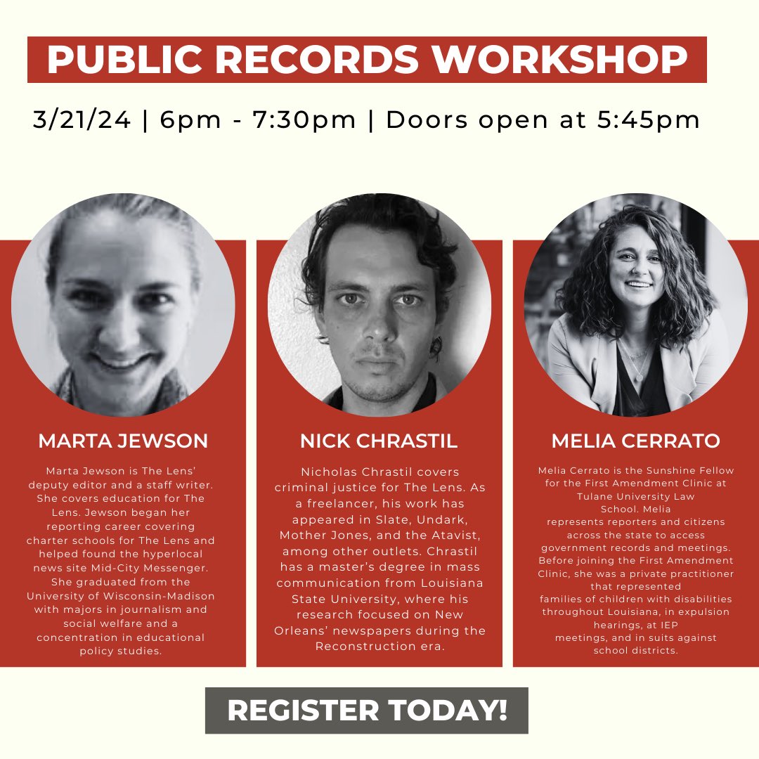 Join us March 21st for our Public Records workshop! Public records are citizens’ window into local government. We are kicking off our specialized Public records workshops this year with a night focused on criminal justice. eventbrite.com/e/join-the-len…