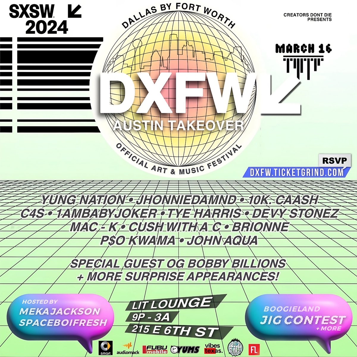 #DXFW (Dallas By Fort Worth) 🌐↙️

We’re officially taking over #SXSW 2024 &amp; celebrating Dallas culture.

Saturday, March 16th
Exclusive Party on 6th Street

Limited RSVPs 🎟️
DXFW.ticketgrind.com

Featuring our Fan Favorites, Jig Contest, Live Art, Media, Fan Prizes + More. 🏆