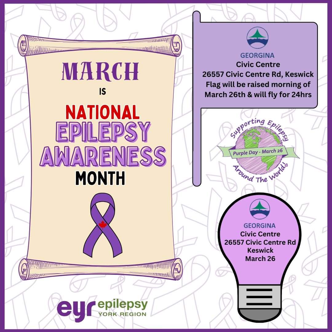 Thank you <a href="/georginatown/">Town of Georgina</a> for celebrating &amp; raising awareness by proclaiming MARCH as EPILEPSY AWARENESS MTH &amp; MARCH 26 as PURPLE DAY!  The PURPLE DAY flag will fly at the Civic Centre (26557 Civic Centre Rd) &amp; it will be lit PURPLE on March 26.
#EpilepsyAwarenessMth #PurpleDay2024