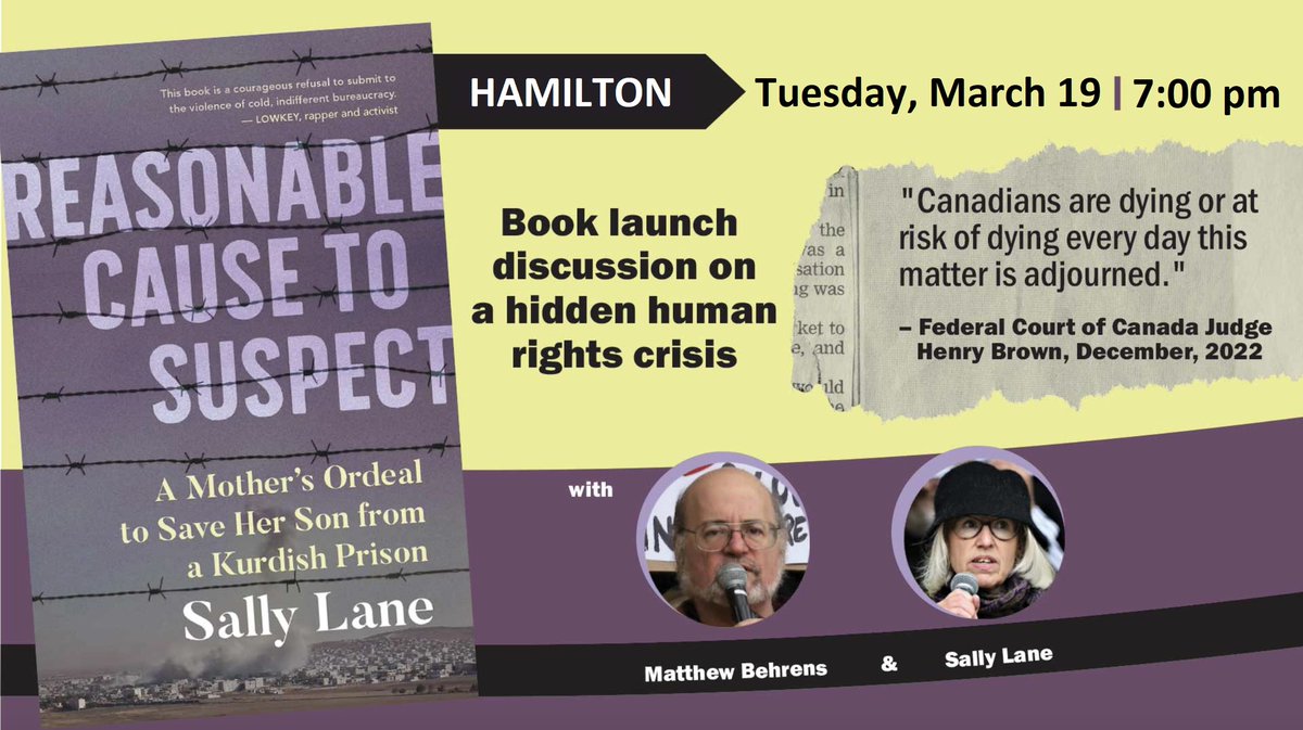 The Global Peace & Social Justice Program is pleased to co-sponsor the book launch for Sally Lane's memoir 'Reasonable Cause to Suspect' on March 19 at 7 pm at Melrose United Church, 86 Homewood, Hamilton. @McMasterGPSJ