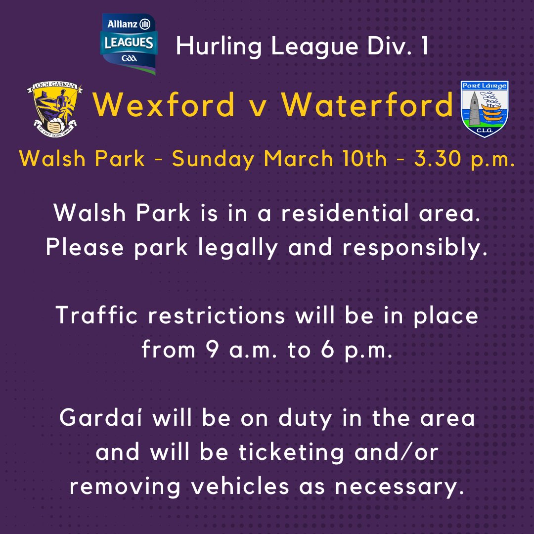 Wexford GAA (@officialwexgaa) on Twitter photo With thanks to <a href="/WaterfordGAA/">Waterford GAA</a>, some important matchday information for supporters who'll be heading to Walsh Park on Sunday to cheer on our senior hurlers there -> With thanks to <a href="/WaterfordGAA/">Waterford GAA</a>, some important matchday information for supporters who'll be heading to Walsh Park on Sunday to cheer on our senior hurlers there ->