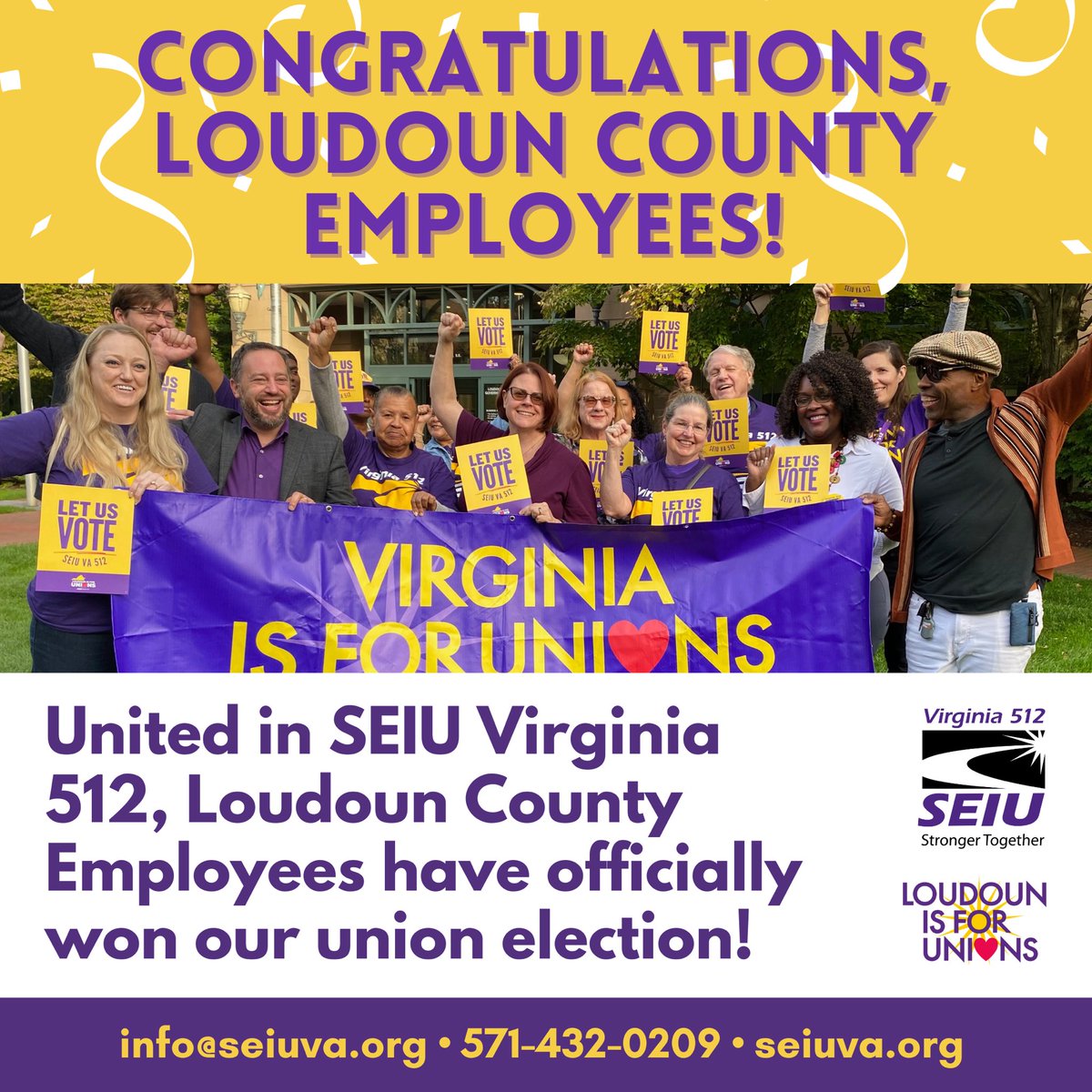 🎉 VICTORY! 🎉 Just moments ago, #Loudoun County employees WON our historic union election! 🎊

We have organized nonstop to ensure workers across #Virginia are respected, protected & paid. Next stop: a strong first union contract!
#UnionsForAll #VirginiaIsForUnions
