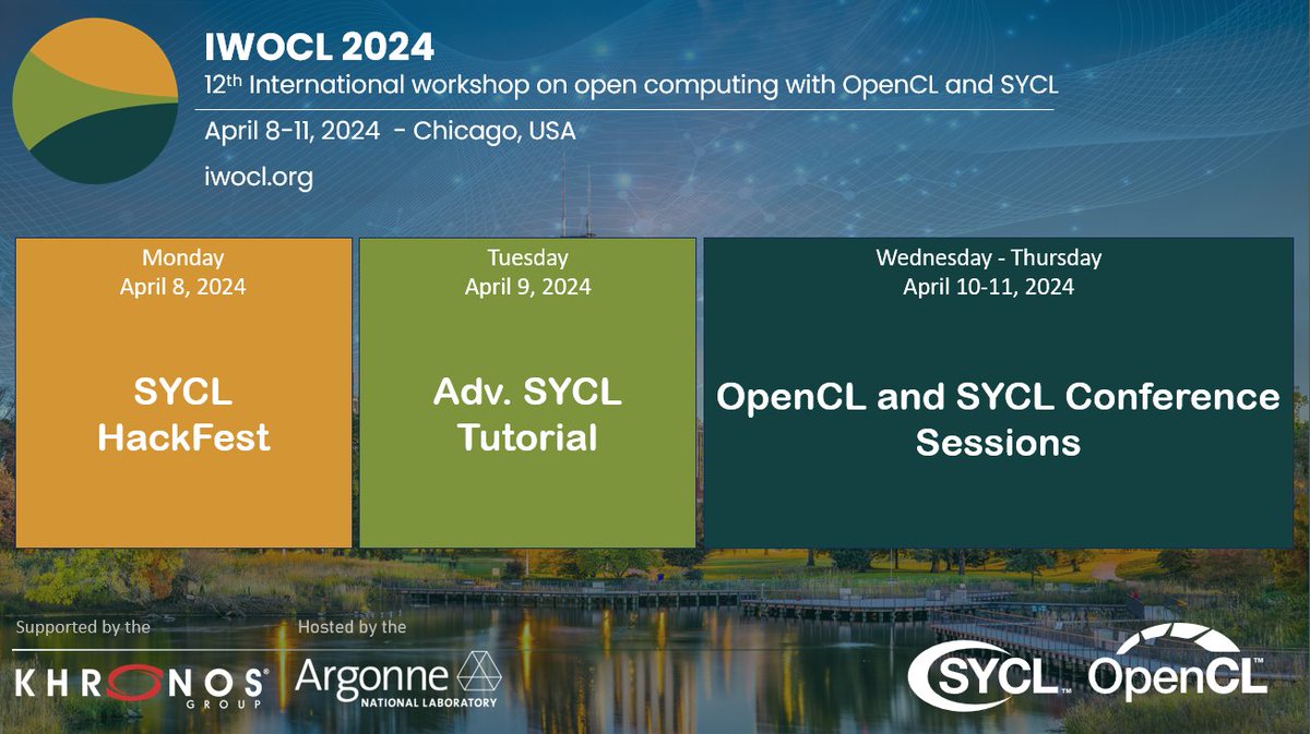 Hosted this year by Argonne National Laboratory, IWOCL takes place April 8-11th in Chicago. The full program is available and early bird pricing is good until March 17th. Explore the program at: iwocl.org/iwocl-2024/pro… @argonne_lcf @SYCLstd @OpenCLorg