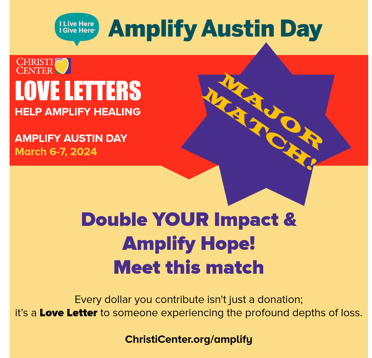 Amplify Hope!

MATCH

Susan and Don Cox have pledged to match $10,000 in Amplify Austin donations to the Christi Center. So, your $1 equals $2.

Double the impact of your support and donate now.

ChristiCenter.org/amplify