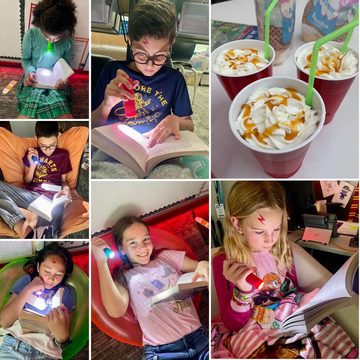 We celebrated Read Across America week by reading a couple of chapters from Harry Potter and the Chamber of Secrets with flashlights and drinking some delicious Butterbeer floats! We LOVE to read! @HumbleISD_CE @Centennial_SIP #WorldChangers #ReadAcrossAmericaWeek