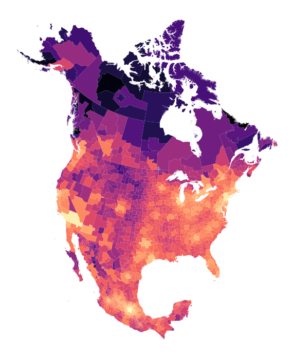 ProtzerEric's tweet photo. @marcfbellemare One can compute a gravity-like measure based on inverse driving time to population. Example for all Commuting Zones in Canada, US &amp; Mexico from work at @HarvardGrwthLab . Feel free to reach out for more details. https://t.co/MIDp1heGuo