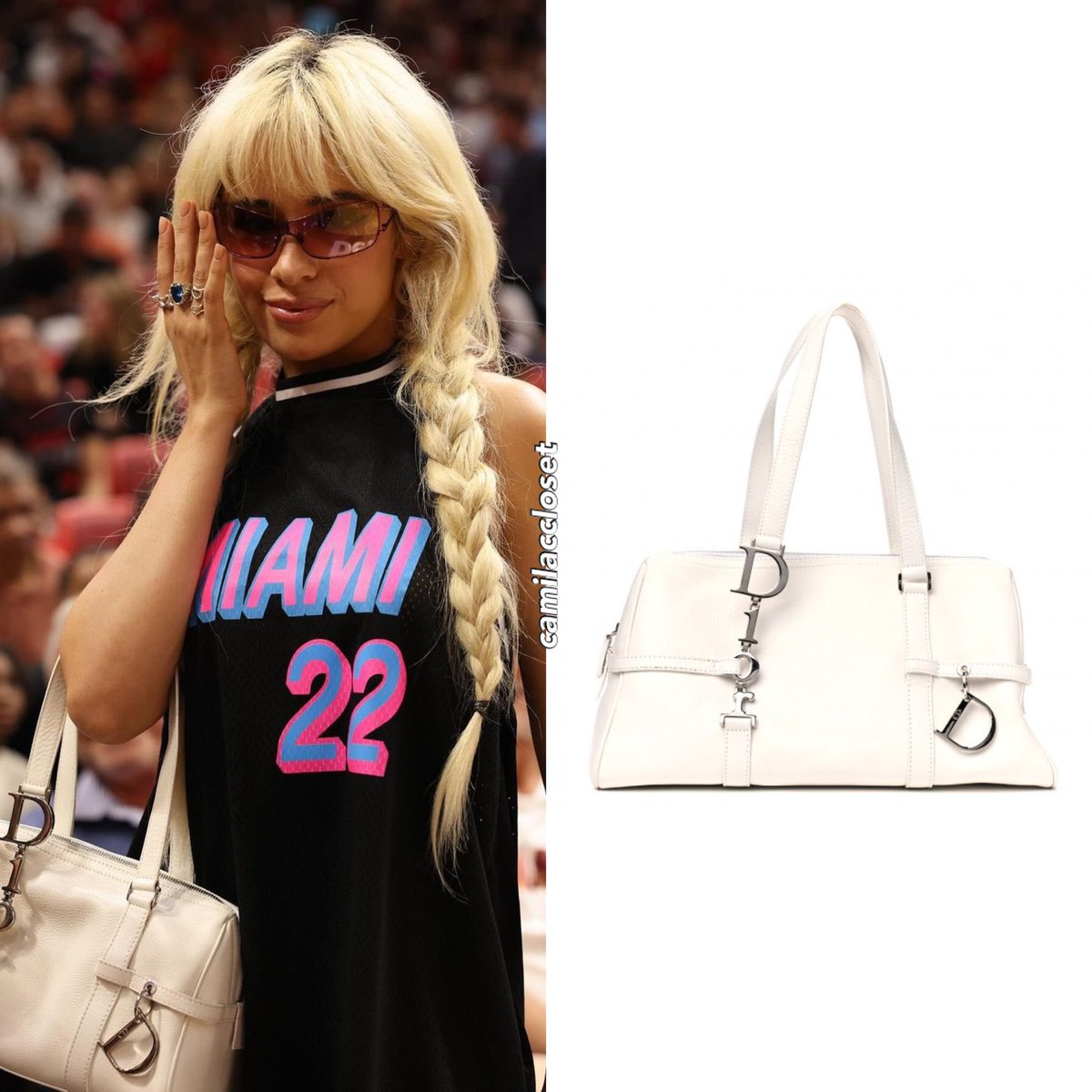 #CamilaCabello wore a custom #MiamiHeat jersey (not available), and a vintage #ChristianDior bag (not available) at the Miami Heat game!